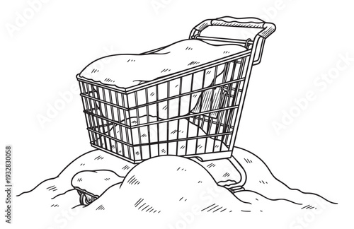 A stark black and white line drawing depicting an abandoned shopping cart partially buried in large snowdrifts, conveying themes of winter, solitude, and postholiday sales, suitable for