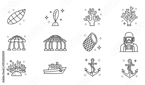Explore a versatile set of outline icons depicting various marine life and nautical elements such as corals, diver, boat, and anchor, ideal for oceanthemed projects and web applications.