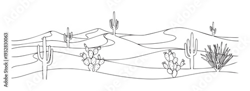 Desert landscape drawing with saguaro and prickly pear cacti and sand dunes, perfect for nature themed projects, educational materials, or coloring pages