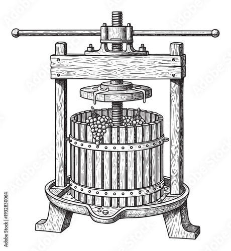 Traditional grape press with a robust wooden structure and screw mechanism actively extracting juice from ripe grapes within a slatted barrel, suitable for historical winemaking themes and