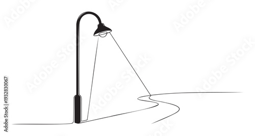 Monoline street lamp illuminating a winding path creating a shadow, perfect for abstract directional branding and visual metaphors in presentations or web graphics