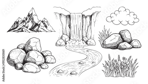 Collection of hand drawn natural landscape elements including majestic mountains waterfall river rocks cloud and grass with flowers perfect graphic resources for outdoor themed projects