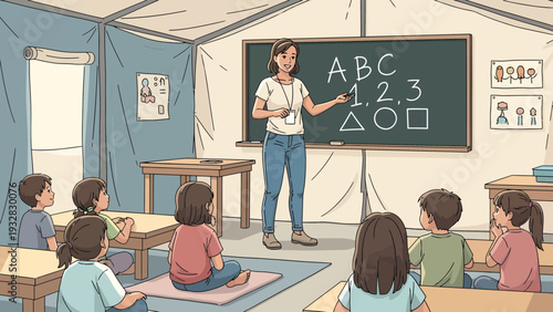 Children learning ABC and shapes in a classroom.