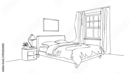 Simple bedroom sketch with a single continuous line capturing a bed, bedside table, houseplant, and window, ideal for modern design inspiration or creative project resources.