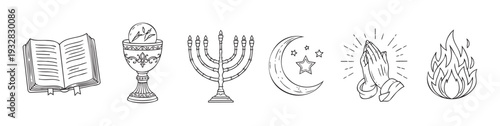 A collection of various spiritual symbols representing different faiths and beliefs, perfect for educational materials, religious studies, or inspirational graphic resources