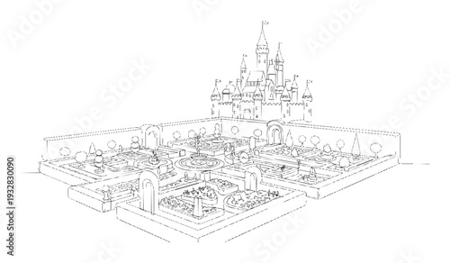Intricate line drawing depicting a grand fairy tale castle surrounded by an elaborate formal garden, suitable for architectural plans, landscape design concepts, or storybook illustrations.