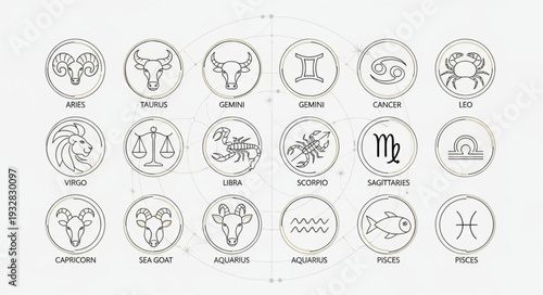 Astrological Zodiac Signs Represented in Circular Symbols for Divination.