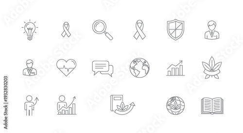 Medical Research and Innovation Icons: Health, Science, Business, and Global Concepts