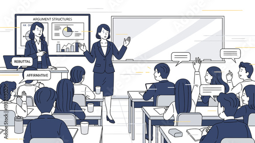 Classroom scene with teachers and students engaged in learning.