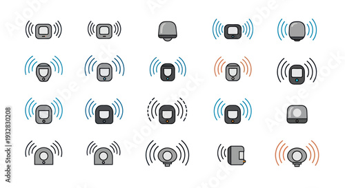 Collection of modern smart home security sensors and motion detectors icons