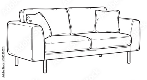 Modern comfortable couch line drawing for home furnishing catalogs, interior decoration blogs, and furniture store promotions.