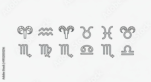 Zodiac signs symbols in a line on a white background, astrology concept.