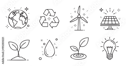 Modern outline icons representing global environmental protection, sustainable energy sources, recycling, and nature growth, ideal for ecofriendly business presentations, educational