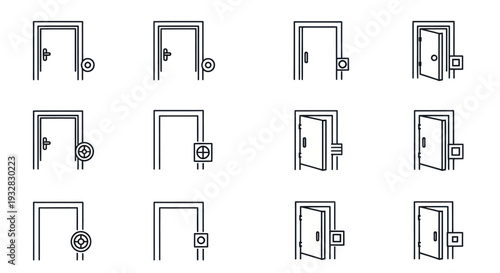 Door Icons Set: Open, Closed, Unlocked, Locked, Security, Entrance, Exit, Choice