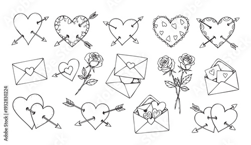 Hand drawn set of romantic hearts pierced by Cupid arrows, decorative love letters, and elegant rose flower illustrations for Valentines Day, wedding and anniversary event projects.