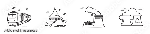 Simple black line symbols showcasing a rapid transit train, a small sailing boat, a smokestack factory, and a sustainable cooling tower, perfect for representing transport, commerce, and