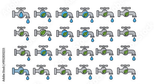 Eco friendly water tap icons with leaf symbol, water conservation and sustainability concept