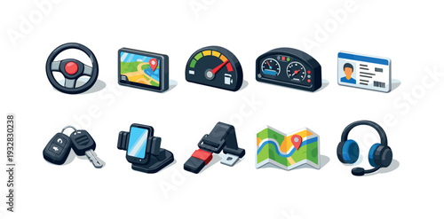 Automobile essentials icon set. navigation, dashboard, travel flat icons collection