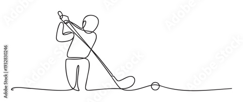 Dynamic single continuous line drawing of a person swinging a golf club, perfect for sports enthusiasts and active lifestyle branding or graphic resource for athletic themes.
