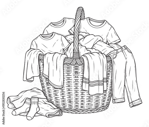 A traditional wicker laundry basket overflowing with various garments like tshirts, pants, and socks, ready for washing, perfect for domestic life and chorerelated visual content.