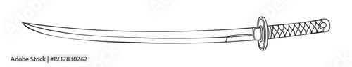 Simple black outline drawing of a curved bladed sword featuring a textured handle and round guard perfect for game assets or themed visual materials