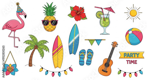 Colorful summer party elements, including flamingo, pineapple, surfboard, and guitar.
