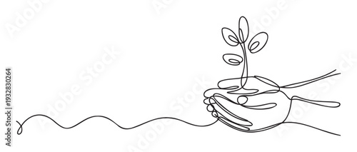 Minimalist continuous line art depicting hands embracing a young sprout, conveying themes of growth, life, and environmental responsibility, ideal for educational content or nature related