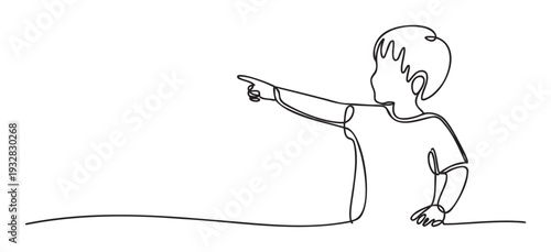 Minimalist one line art depicting a small child actively pointing towards an object or direction, perfect for educational content or youthfocused presentations.