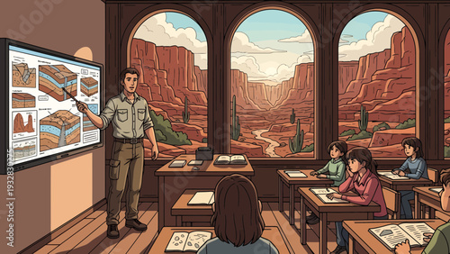 Geology Teacher Explains Stratigraphy to Students in Classroom.