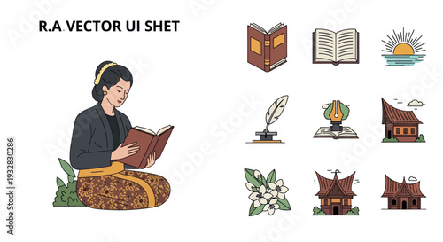 Indonesian Woman Reading Book, Traditional Clothing, Culture Icons, Vector Illustration