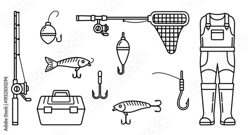 Fishing gear illustration - rods, lures, net, tackle box, and waders for angling.