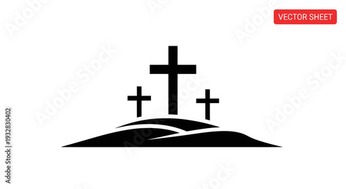 Three Christian Crosses on Hill Silhouette Icon