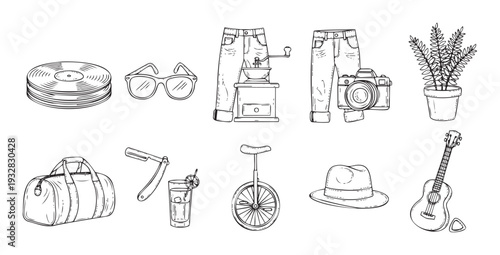 A diverse collection of personal hobby items and everyday objects featuring musical instruments, grooming tools, and travel gear, suitable for advertising, lifestyle blogs, and creative