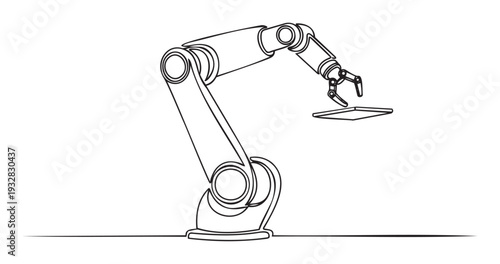 Industrial robotic arm using a gripper to precisely handle a flat object representing modern automation technology for manufacturing and assembly line applications
