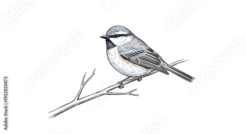 Illustration of a small chickadee bird perched on a branch isolated on white
