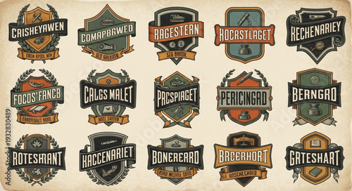 Collection of vintage heraldic crests and emblems with decorative elements.