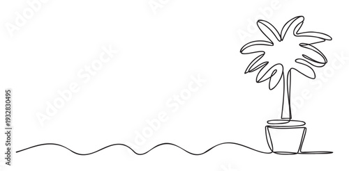 Continuous line drawing of a tropical palm tree houseplant in a pot with a wavy line for a minimalist aesthetic decoration and simple graphic design element for various projects