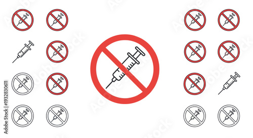 No Syringe Icon, Vaccine Prohibition, Health Care Ban, Medical Injection Stop Sign