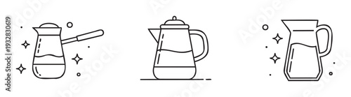 Collection of black outline icons featuring a traditional cezve, a modern coffee pot, and a glass pitcher, ideal for culinary applications and beverage related graphic projects.