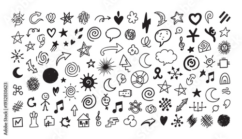 A versatile collection of hand drawn doodle icons and symbols perfect for adding a playful touch to graphic projects, educational materials, and user interfaces