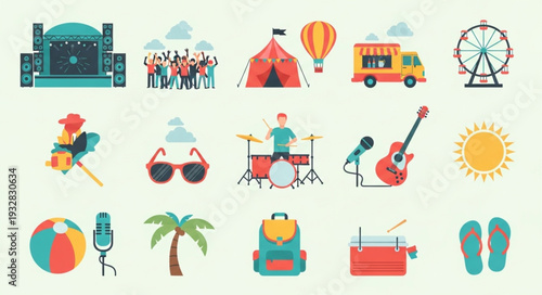 Summer festival icons representing music, food, and recreational activities for enjoyment.