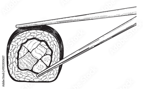 Monochrome graphic of a Japanese sushi maki roll with succulent fish and rice picked up by eating sticks, suitable for restaurant branding, culinary themed projects, or food packaging