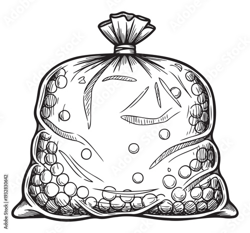 Hand drawn sketch of a plastic bag filled with fresh frozen peas and green beans, perfect for grocery store ads, food blog recipes, or healthy cooking guides