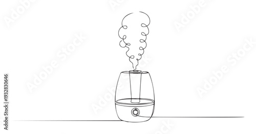 Continuous line drawing of a modern humidifier emitting steam, representing comfort and a healthy home environment, suitable for wellness product promotions and health care advertisements.
