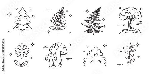 Simple line icons depicting various natural elements like trees, mushrooms, ferns, and flowers, perfect for ecofriendly graphic projects, web interfaces, and educational applications