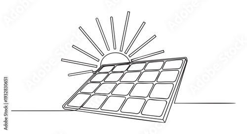 A simple line drawing depicts a solar panel capturing rays from a vibrant sun, illustrating renewable energy for environmental education and sustainable technology promotion.