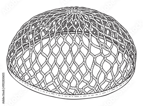 Monochrome graphic of a hemispherical grid structure with an organic interwoven texture, useful for culinary product packaging, architectural blueprints, or educational content