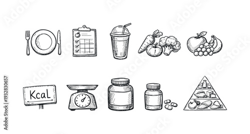 Nutrition and diet outline icon set. healthy eating, food planning icons collection