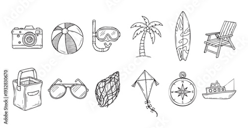 Summer vacation essentials collection featuring hand drawn beach objects like camera, ball, snorkeling gear, surfboard, and boat, ideal for travel advertisements and holiday promotions