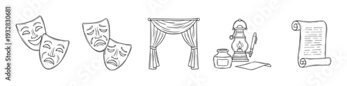 Classic theatre and literary themed line art featuring comedy and tragedy masks, elegant stage curtains, antique writing tools, and a rolled parchment scroll ideal for drama productions and